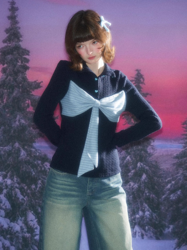 American Design Contrast Patchwork Bow Half Turtle Neck Long Sleeve T-Shirt Knitted Sweater【s0000014771】