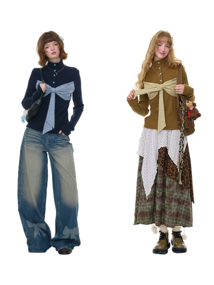 American Design Contrast Patchwork Bow Half Turtle Neck Long Sleeve T-Shirt Knitted Sweater【s0000014771】