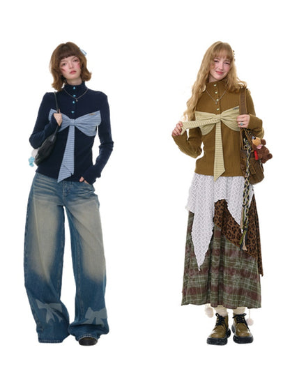 American Design Contrast Patchwork Bow Half Turtle Neck Long Sleeve T-Shirt Knitted Sweater【s0000014771】