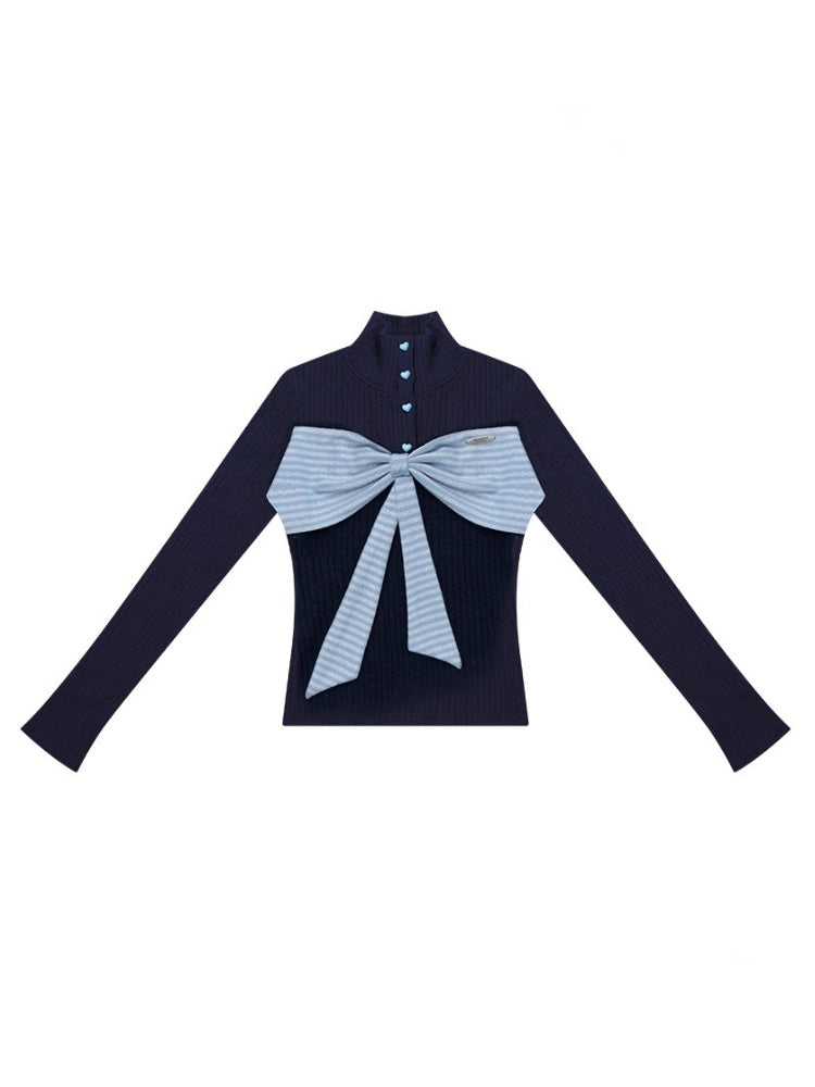 American Design Contrast Patchwork Bow Half Turtle Neck Long Sleeve T-Shirt Knitted Sweater【s0000014771】