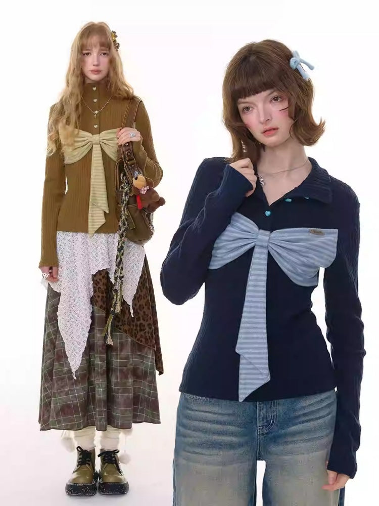 American Design Contrast Patchwork Bow Half Turtle Neck Long Sleeve T-Shirt Knitted Sweater【s0000014771】