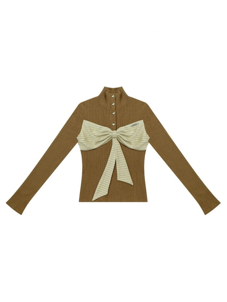 American Design Contrast Patchwork Bow Half Turtle Neck Long Sleeve T-Shirt Knitted Sweater【s0000014771】