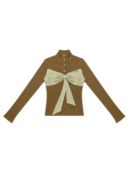 American Design Contrast Patchwork Bow Half Turtle Neck Long Sleeve T-Shirt Knitted Sweater【s0000014771】