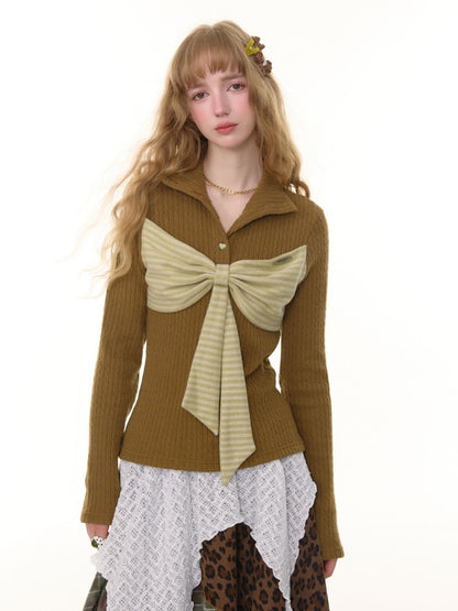 American Design Contrast Patchwork Bow Half Turtle Neck Long Sleeve T-Shirt Knitted Sweater【s0000014771】