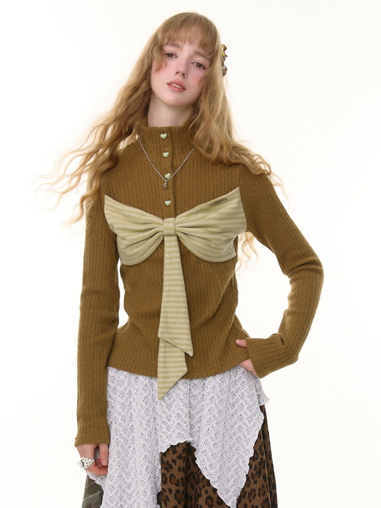 American Design Contrast Patchwork Bow Half Turtle Neck Long Sleeve T-Shirt Knitted Sweater【s0000014771】