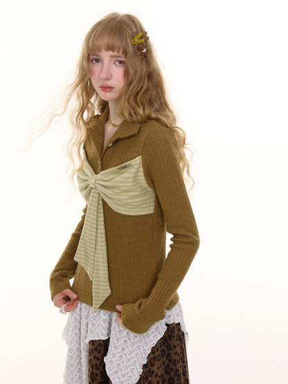 American Design Contrast Patchwork Bow Half Turtle Neck Long Sleeve T-Shirt Knitted Sweater【s0000014771】