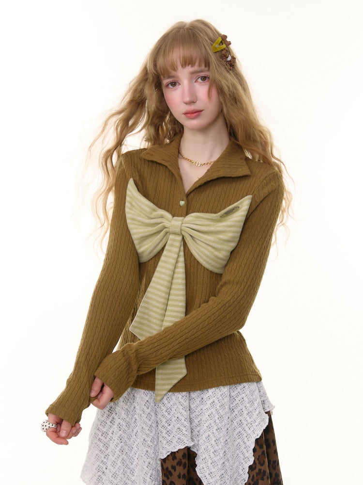 American Design Contrast Patchwork Bow Half Turtle Neck Long Sleeve T-Shirt Knitted Sweater【s0000014771】