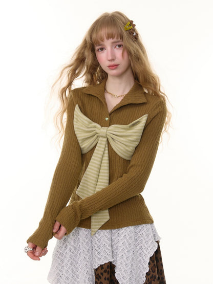 American Design Contrast Patchwork Bow Half Turtle Neck Long Sleeve T-Shirt Knitted Sweater【s0000014771】
