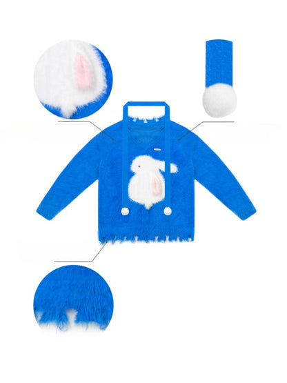 American Retro Design Sense Lazy Wind Soft Waxy Plush Rabbit Broken Edge V-Neck Sweater【s0000014772】