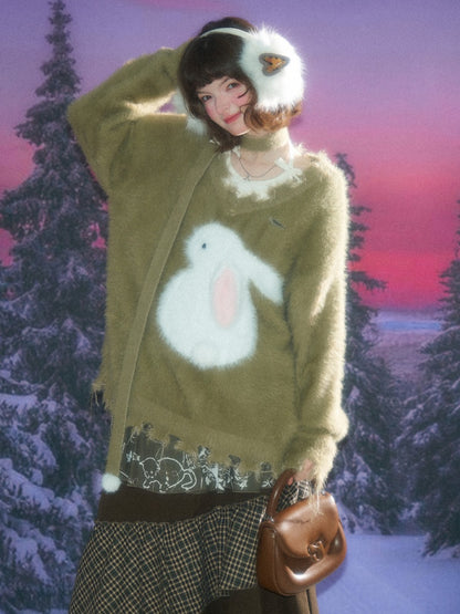 American Retro Design Sense Lazy Wind Soft Waxy Plush Rabbit Broken Edge V-Neck Sweater【s0000014772】