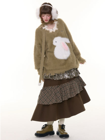 American Retro Design Sense Lazy Wind Soft Waxy Plush Rabbit Broken Edge V-Neck Sweater【s0000014772】