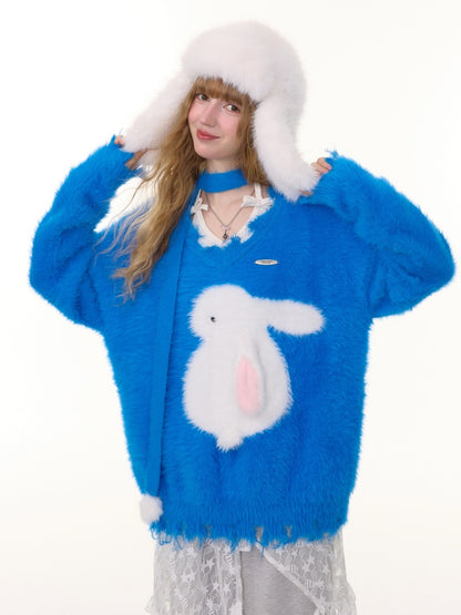 American Retro Design Sense Lazy Wind Soft Waxy Plush Rabbit Broken Edge V-Neck Sweater【s0000014772】