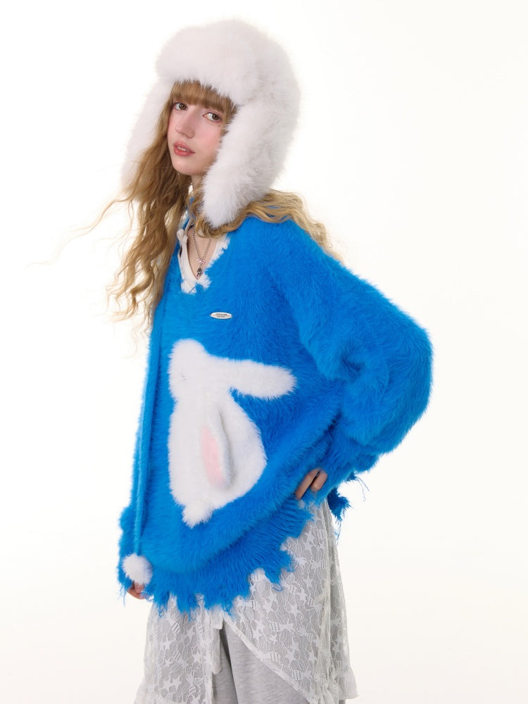 American Retro Design Sense Lazy Wind Soft Waxy Plush Rabbit Broken Edge V-Neck Sweater【s0000014772】