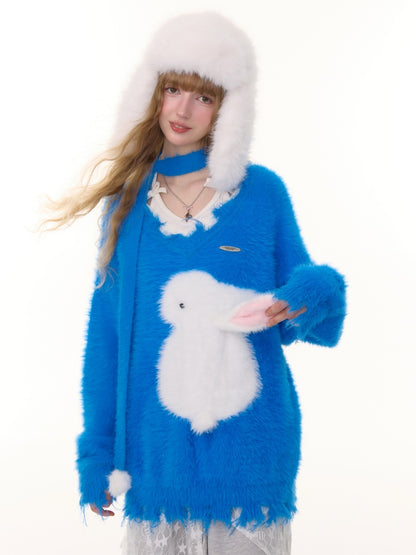 American Retro Design Sense Lazy Wind Soft Waxy Plush Rabbit Broken Edge V-Neck Sweater【s0000014772】