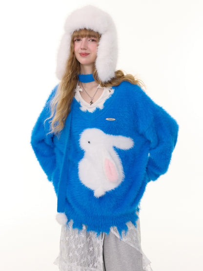 American Retro Design Sense Lazy Wind Soft Waxy Plush Rabbit Broken Edge V-Neck Sweater【s0000014772】