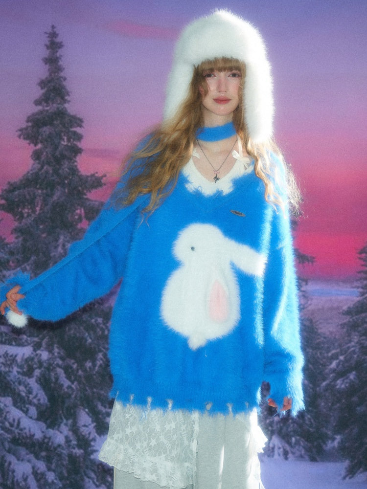 American Retro Design Sense Lazy Wind Soft Waxy Plush Rabbit Broken Edge V-Neck Sweater【s0000014772】