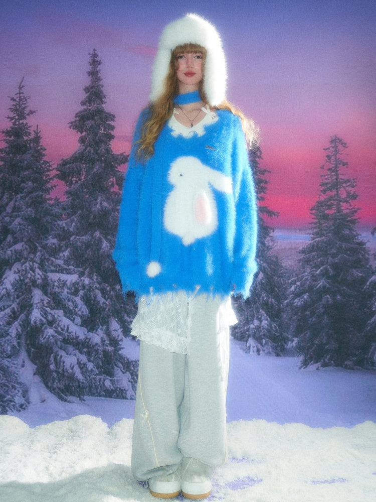 American Retro Design Sense Lazy Wind Soft Waxy Plush Rabbit Broken Edge V-Neck Sweater【s0000014772】