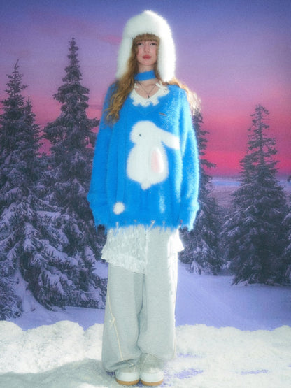 American Retro Design Sense Lazy Wind Soft Waxy Plush Rabbit Broken Edge V-Neck Sweater【s0000014772】