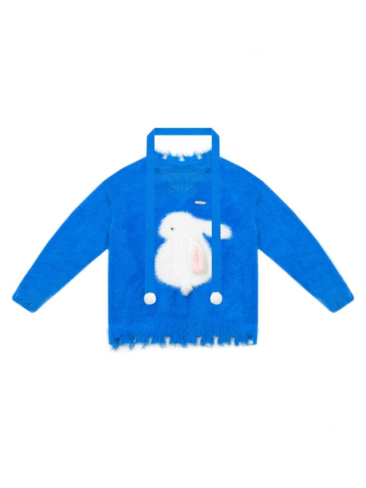 American Retro Design Sense Lazy Wind Soft Waxy Plush Rabbit Broken Edge V-Neck Sweater【s0000014772】