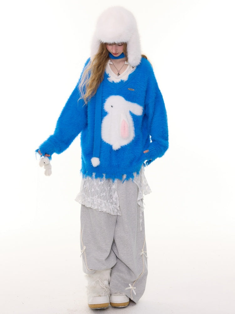American Retro Design Sense Lazy Wind Soft Waxy Plush Rabbit Broken Edge V-Neck Sweater【s0000014772】