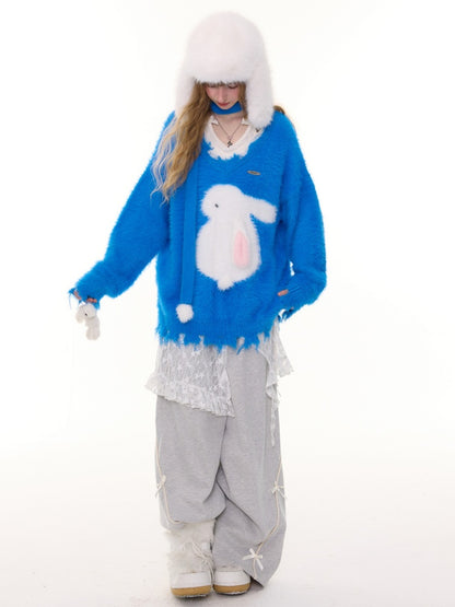 American Retro Design Sense Lazy Wind Soft Waxy Plush Rabbit Broken Edge V-Neck Sweater【s0000014772】