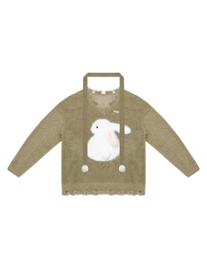 American Retro Design Sense Lazy Wind Soft Waxy Plush Rabbit Broken Edge V-Neck Sweater【s0000014772】
