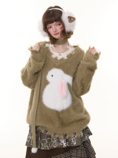 American Retro Design Sense Lazy Wind Soft Waxy Plush Rabbit Broken Edge V-Neck Sweater【s0000014772】