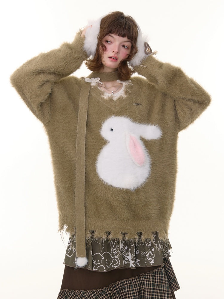 American Retro Design Sense Lazy Wind Soft Waxy Plush Rabbit Broken Edge V-Neck Sweater【s0000014772】