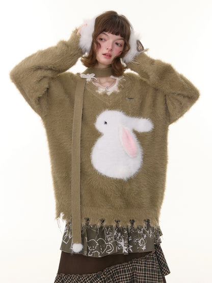 American Retro Design Sense Lazy Wind Soft Waxy Plush Rabbit Broken Edge V-Neck Sweater【s0000014772】