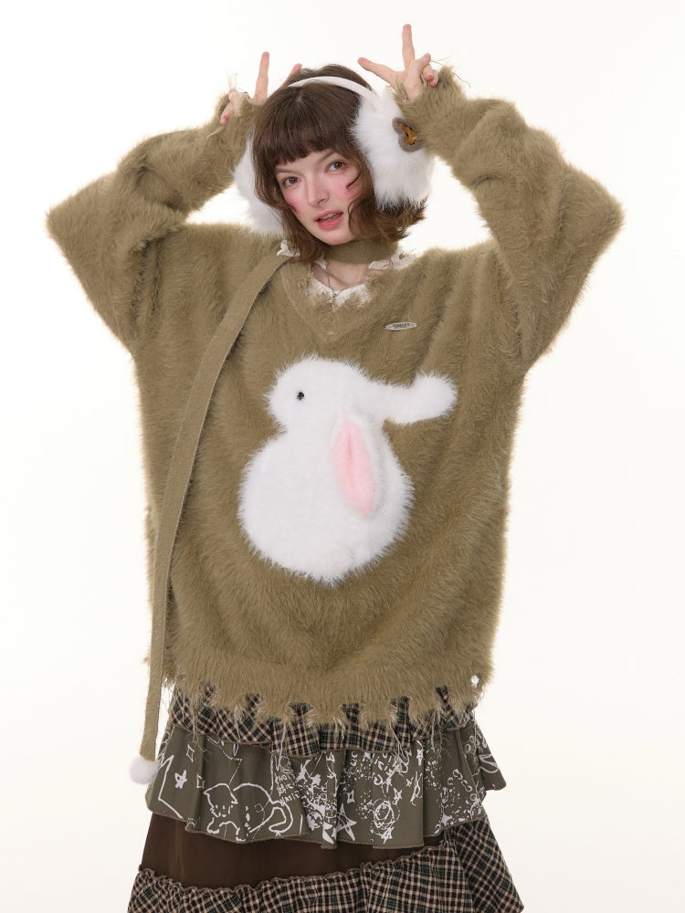American Retro Design Sense Lazy Wind Soft Waxy Plush Rabbit Broken Edge V-Neck Sweater【s0000014772】
