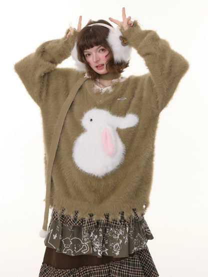 American Retro Design Sense Lazy Wind Soft Waxy Plush Rabbit Broken Edge V-Neck Sweater【s0000014772】