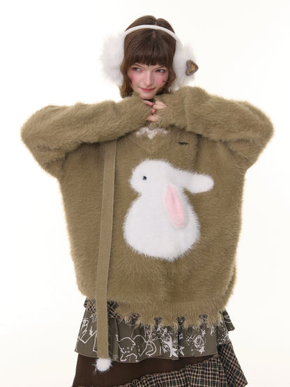 American Retro Design Sense Lazy Wind Soft Waxy Plush Rabbit Broken Edge V-Neck Sweater【s0000014772】
