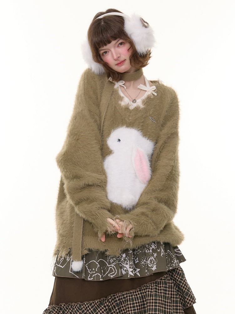 American Retro Design Sense Lazy Wind Soft Waxy Plush Rabbit Broken Edge V-Neck Sweater【s0000014772】