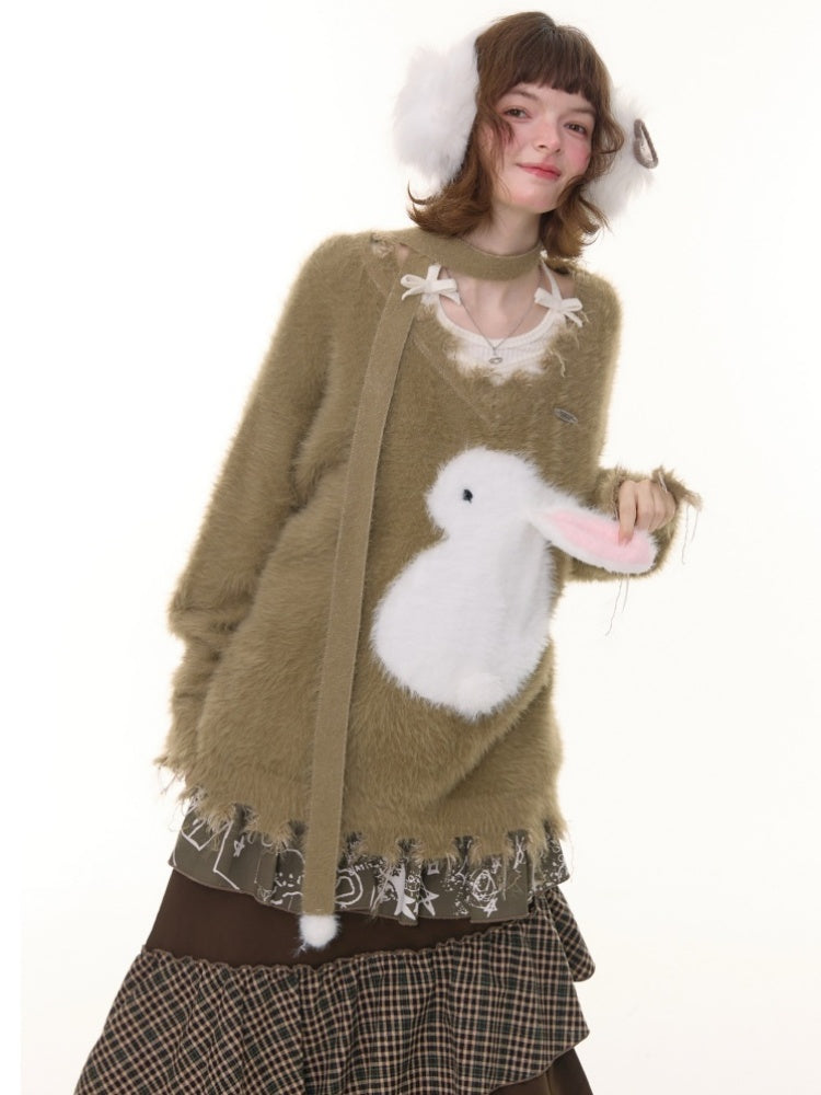 American Retro Design Sense Lazy Wind Soft Waxy Plush Rabbit Broken Edge V-Neck Sweater【s0000014772】