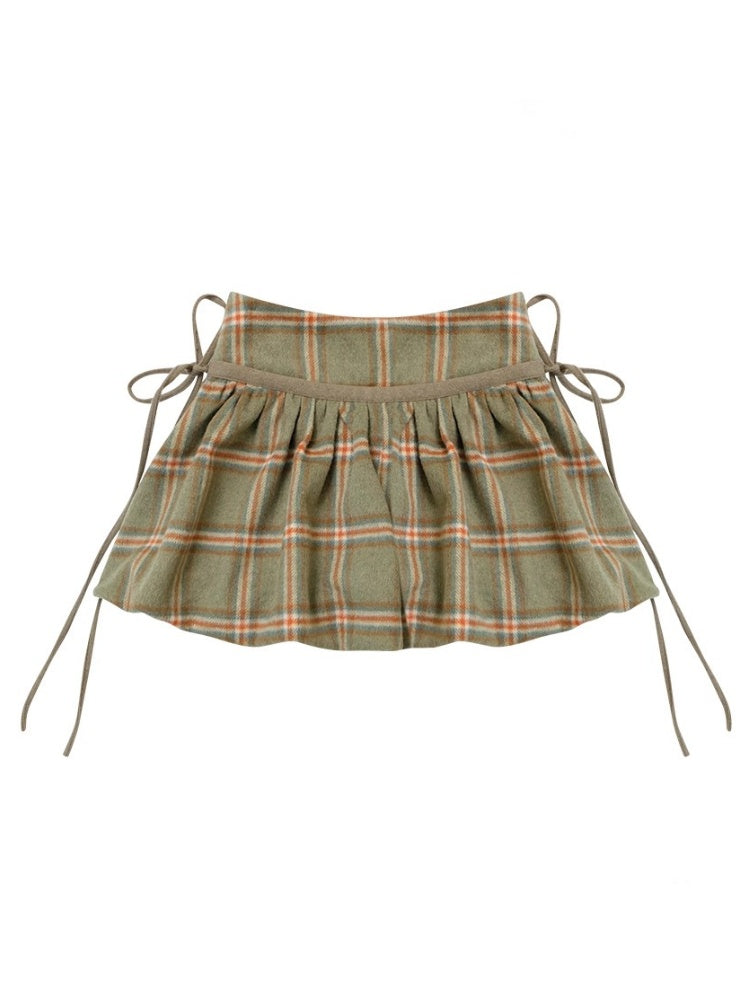 American Retro High Waist Slimming Plaid Woolen Tie Pocket Short Skirt【s0000014774】
