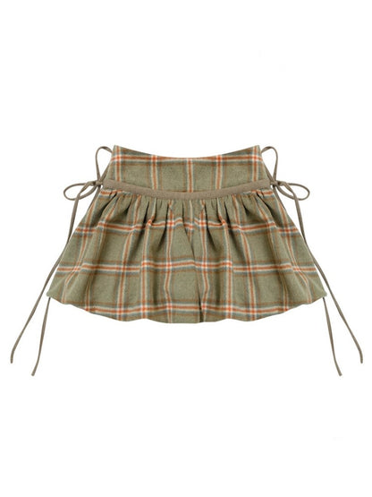 American Retro High Waist Slimming Plaid Woolen Tie Pocket Short Skirt【s0000014774】