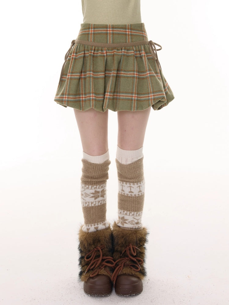 American Retro High Waist Slimming Plaid Woolen Tie Pocket Short Skirt【s0000014774】