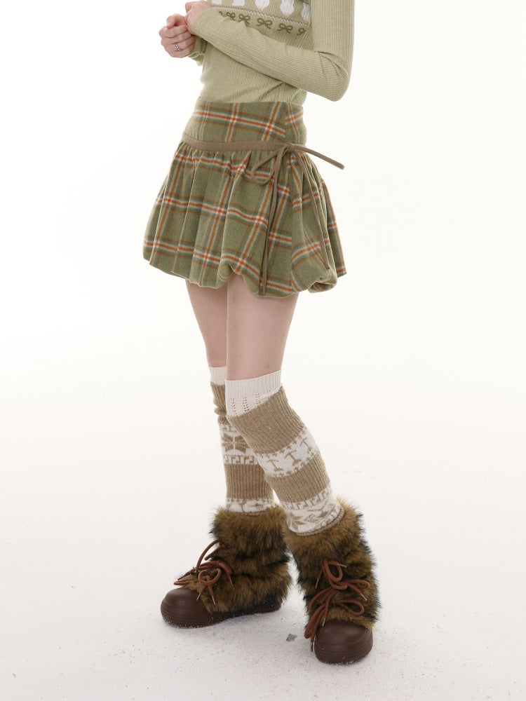 American Retro High Waist Slimming Plaid Woolen Tie Pocket Short Skirt【s0000014774】