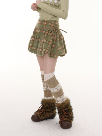 American Retro High Waist Slimming Plaid Woolen Tie Pocket Short Skirt【s0000014774】