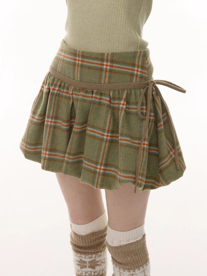 American Retro High Waist Slimming Plaid Woolen Tie Pocket Short Skirt【s0000014774】