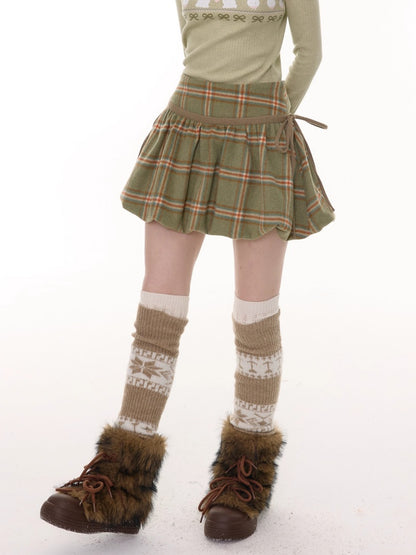 American Retro High Waist Slimming Plaid Woolen Tie Pocket Short Skirt【s0000014774】