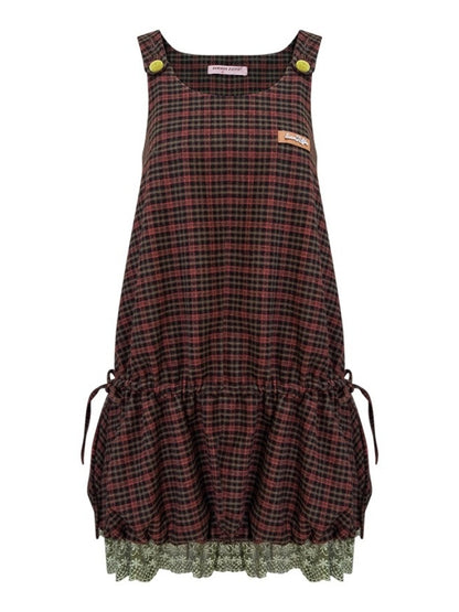 American Retro Design Plaid Lace Hem Vest Dress【s0000014776】