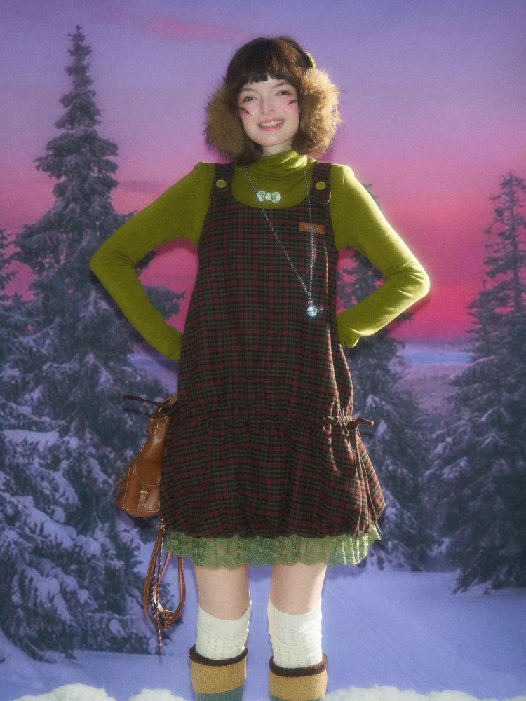 American Retro Design Plaid Lace Hem Vest Dress【s0000014776】