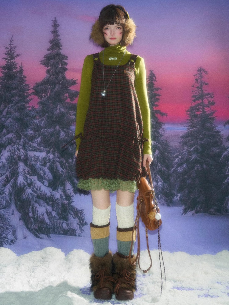 American Retro Design Plaid Lace Hem Vest Dress【s0000014776】