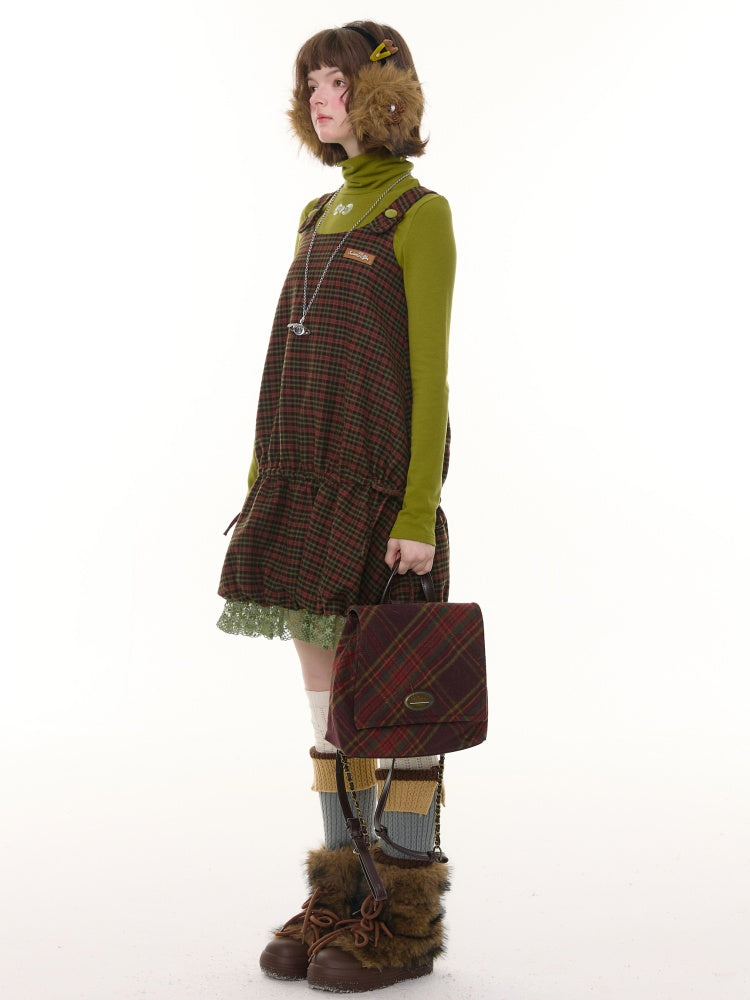 American Retro Design Plaid Lace Hem Vest Dress【s0000014776】