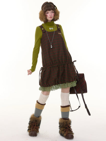 American Retro Design Plaid Lace Hem Vest Dress【s0000014776】