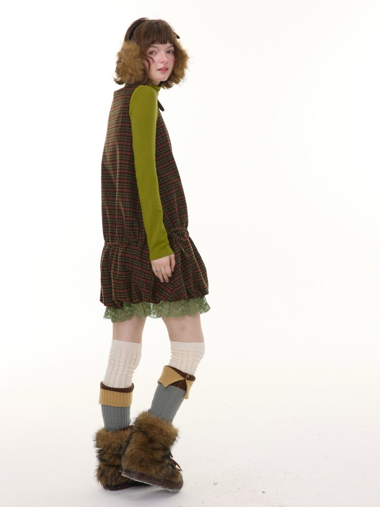 American Retro Design Plaid Lace Hem Vest Dress【s0000014776】