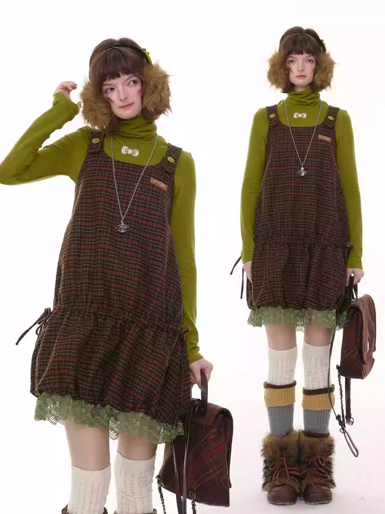 American Retro Design Plaid Lace Hem Vest Dress【s0000014776】