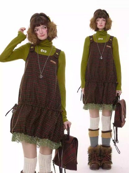 American Retro Design Plaid Lace Hem Vest Dress【s0000014776】