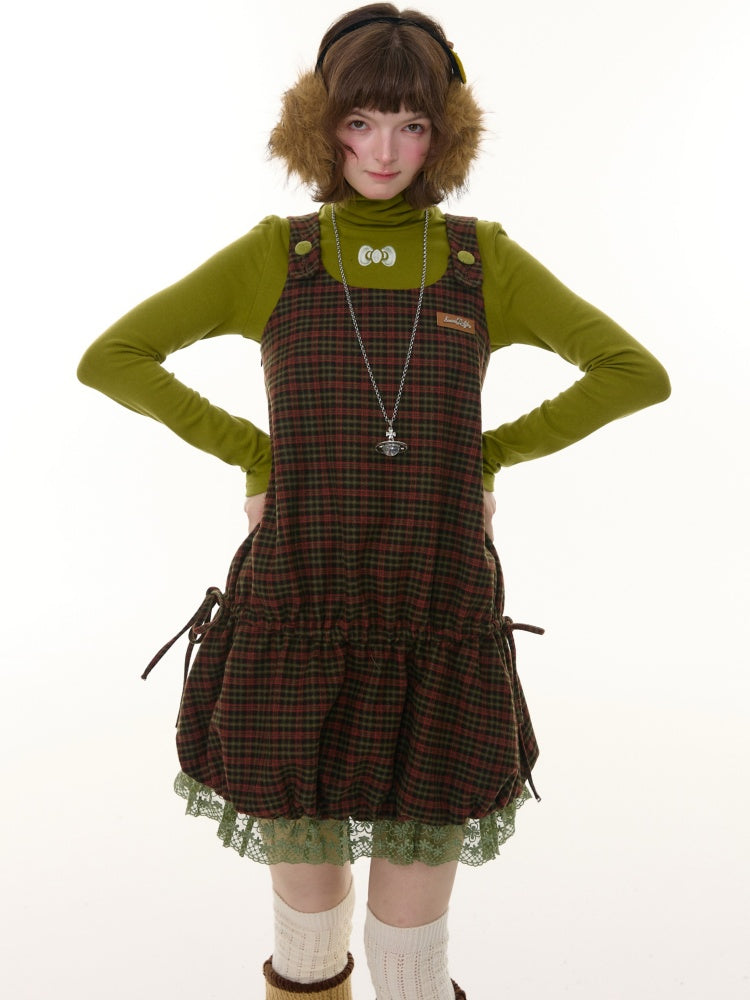 American Retro Design Plaid Lace Hem Vest Dress【s0000014776】